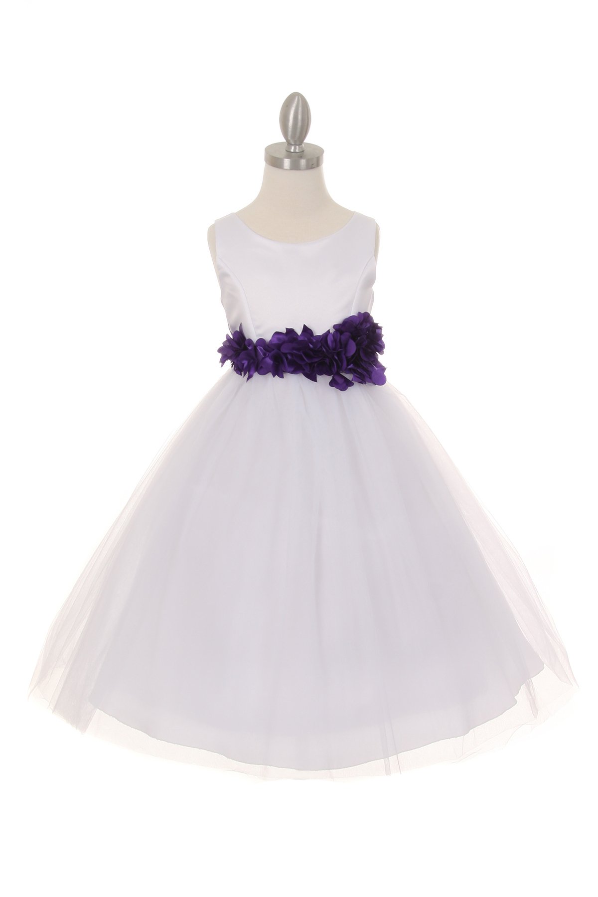 white flower girl dress with purple flower sash